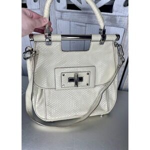 Banana Republic Leather Satchel Bag Top Handle Cream Croc Embossed
